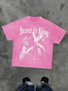 230g Washed, Printed T-Shirt, Jesus Is God, High Quality Batik Cotton Retro Fashion Brand T-Shirt, Men's T-Shirt, Summer T-Shirt, Holiday Gift, Perfect Gift. - Màu Hồng Tươi - Xem 1
