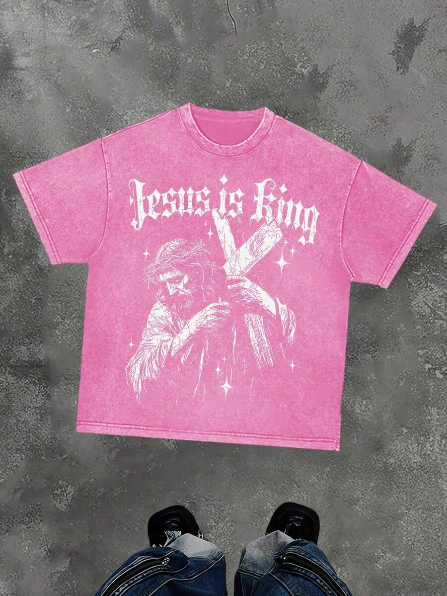 230g Washed, Printed T-Shirt, Jesus Is God, High Quality Batik Cotton Retro Fashion Brand T-Shirt, Men's T-Shirt, Summer T-Shirt, Holiday Gift, Perfect Gift. - Màu Hồng Tươi - Xem 1