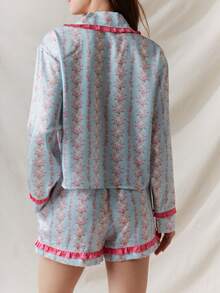 Women Y2k Summer 2 Piece PJs Pajama Sets Long Sleeve V Neck Lapel Button Down T-Shirt Floral Print T-Up Front Top Elastic Waist Wide Leg Drawstring Pajama Bottoms Casual Loungewear Sleepwear - 藍色 - 查看 4