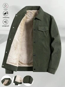 Men 1pc Military Green Corduroy Thermal Lined Long Sleeve Jacket, Outdoor Camping Style, Water-Resistant & Wind-Proof, Sherpa Lining For Warmth, Turndown Collar, Multi-Pocket Design, Practical For Outdoor Activities And Team Building, Fall/Winter - Army Green - View 1