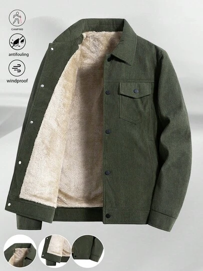 Men 1pc Military Green Corduroy Thermal Lined Long Sleeve Jacket, Outdoor Camping Style, Water-Resistant & Wind-Proof, Sherpa Lining For Warmth, Turndown Collar, Multi-Pocket Design, Practical For Outdoor Activities And Team Building, Fall/Winter