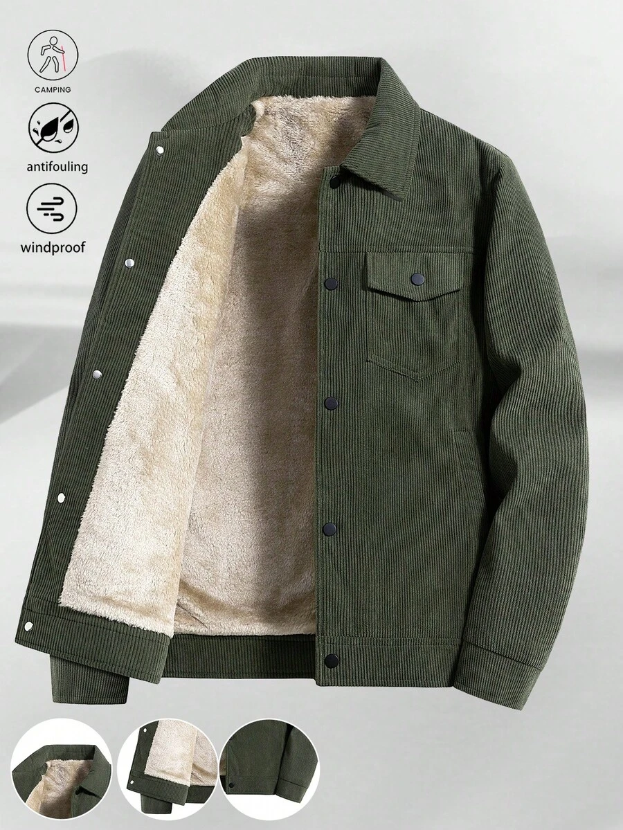 Men 1pc Military Green Corduroy Thermal Lined Long Sleeve Jacket, Outdoor Camping Style, Water-Resistant & Wind-Proof, Sherpa Lining For Warmth, Turndown Collar, Multi-Pocket Design, Practical For Outdoor Activities And Team Building, Fall/Winter - Army Green - View 1