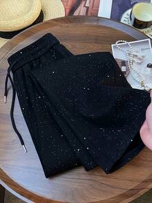 Women's Drawstring Waist Wide Leg Loose Shiny Casual Sweatpants, Everyday Wear - Black - View 1