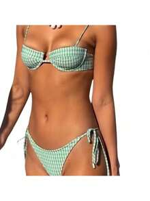 Women's Plaid Print String Bikini Set Green Bikini Swimsuit Plaid Spaghetti Strap Women's Swimwear Low Waist Beach Vacation Wear TikTokShop CyberMonday - 綠色 - 查看 4