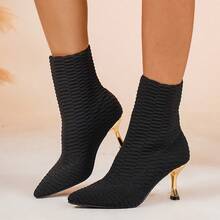 Women's Pointed Toe High Heel Ankle Boots, Elegant Stiletto Heel Design, Solid Color Fabric, Versatile And Fashionable, Suitable For Daily Wear, Parties, And Office Commute - Black - View 5