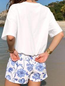2 pcs Conjunto casual de 2 piezas de camiseta de manga corta con estampado change stand out, lata y pantalones cortos flores para mujer en verano - Blanco - Ver 2
