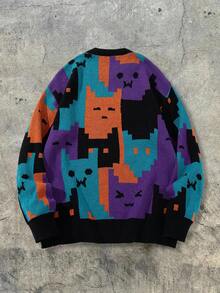 ANDREILEE Casual Loose Fit Pullover Sweater With Cute Cat Intarsia Pattern, Suitable For Spring, Autumn, Winter, Unisex European And American Style - Black - View 4