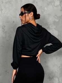 New Autumn Black Elastic Waist Short Hooded Sun Protection Jacket - Black - View 4