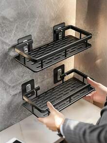 1 件/2 件壁挂式淋浴架，大容量，铝合金，安装无需钻孔，粘贴式浴室淋浴架，浴室和厨房的浮动架，节省空间，易于安装，用于存放洗漱用品、化妆品和杂物，光滑表面，卫生间、浴室、梳妆台、淋浴房、储物架、储物组织 - 彩色 - 查看 3