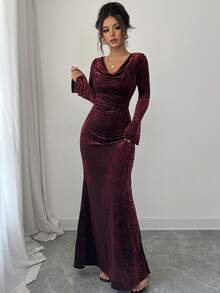 女士优雅高端酒红色垂褶领长袖褶皱修身鱼尾天鹅绒烧花长裙，性感贴身，适合宴会、派对、正式场合、新年、春节、情人节、约会等场合。 - 酒紅色 - 查看 4