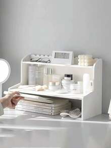 1pc Double Layer Raised Desk Storage Rack, Countertop Cosmetic Stationery Book Organizer For Dorm Office Suitable For Home Storage, Office Desk Home Storage, Halloween And Christmas Gift Desktop Storage - White - View 1