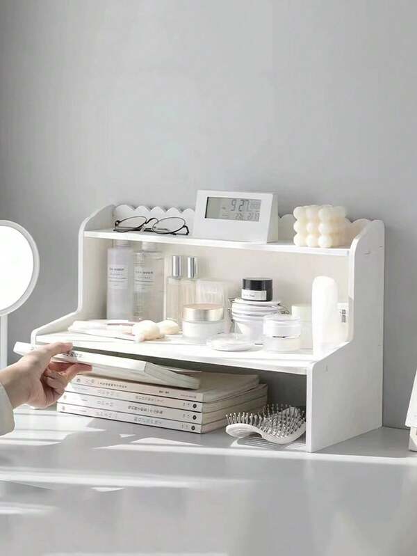 1pc Double Layer Raised Desk Storage Rack, Countertop Cosmetic Stationery Book Organizer For Dorm Office Suitable For Home Storage, Office Desk Home Storage, Halloween And Christmas Gift Desktop Storage