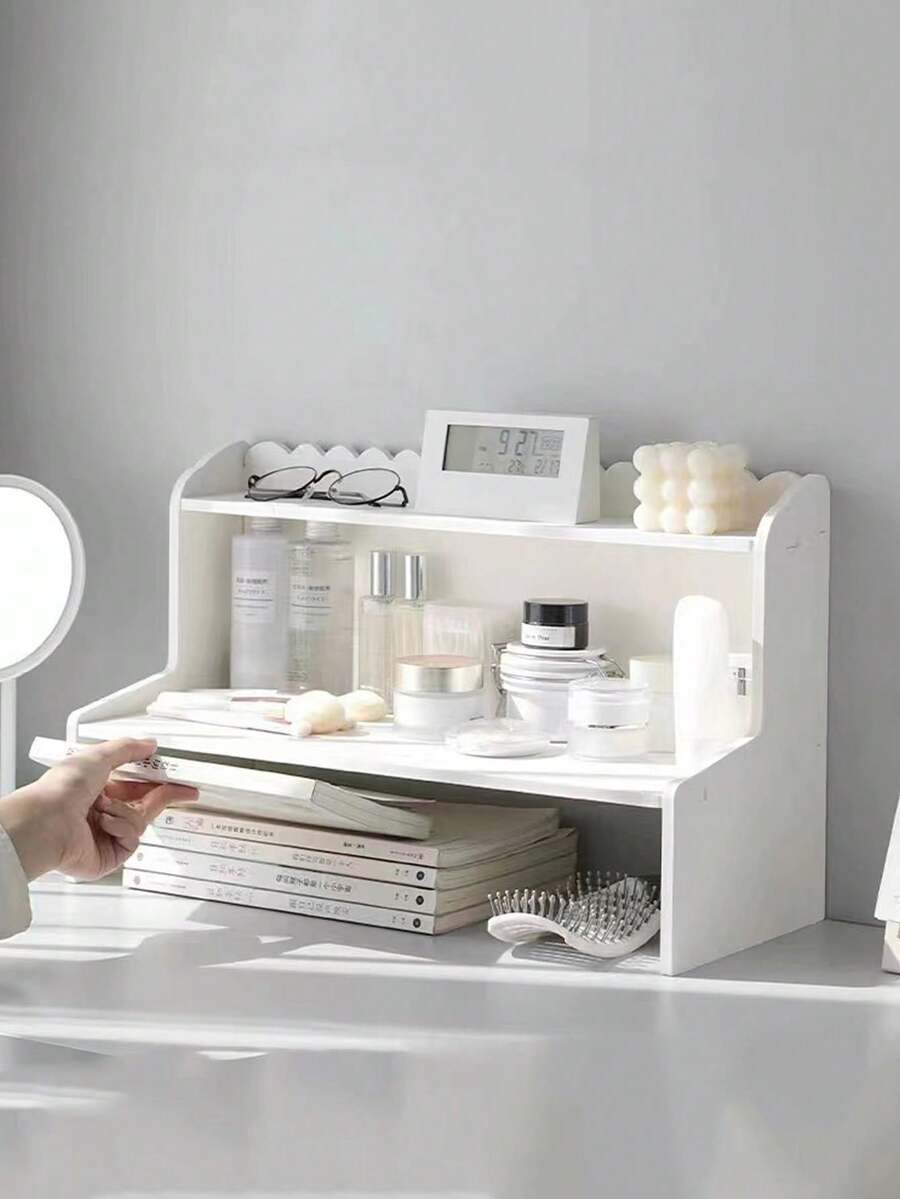 1pc Double Layer Raised Desk Storage Rack, Countertop Cosmetic Stationery Book Organizer For Dorm Office Suitable For Home Storage, Office Desk Home Storage, Halloween And Christmas Gift Desktop Storage - White - View 1