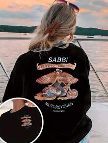 Women's Flying Mermaid Motorcycles Graphic T-Shirt - Black Short Sleeve Crew Neck Casual Top | SABBI Back Print, Machine Washable, Comfortable Fabric, Summer Spring Beachwear