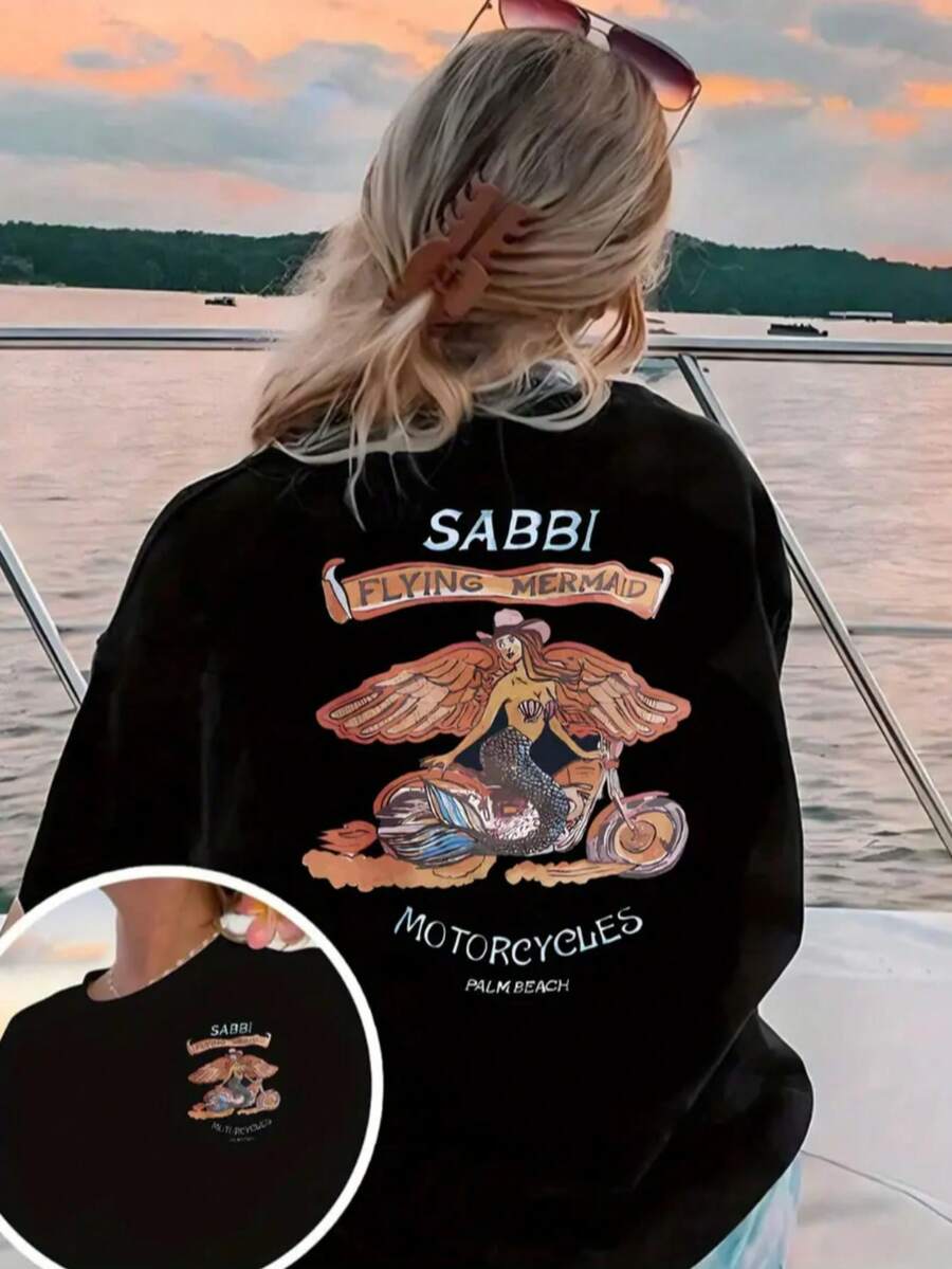 Women's Flying Mermaid Motorcycles Graphic T-Shirt - Black Short Sleeve Crew Neck Casual Top | SABBI Back Print, Machine Washable, Comfortable Fabric, Summer Spring Beachwear