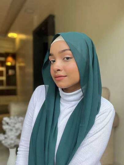 1 件女士纯色珍珠雪纺柔软头巾，休闲阿拉伯保守纯色头巾，适合中东日常使用