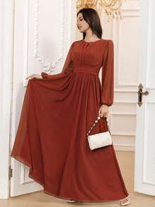 Volly Toych 锈棕色春季优雅A字圆领长袖及地雪纺正式伴娘礼服、婚礼宾客礼服、无衬里袖子 - 鏽棕色 - 查看 5