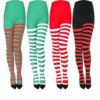 1 件节日装饰蝴蝶结条纹圣诞绒球过膝袜，女士长袜，适合表演、服装、圣诞派对万圣节