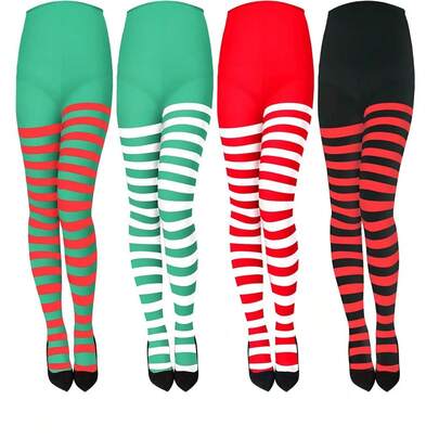 1 件节日装饰蝴蝶结条纹圣诞绒球过膝袜，女士长袜，适合表演、服装、圣诞派对万圣节