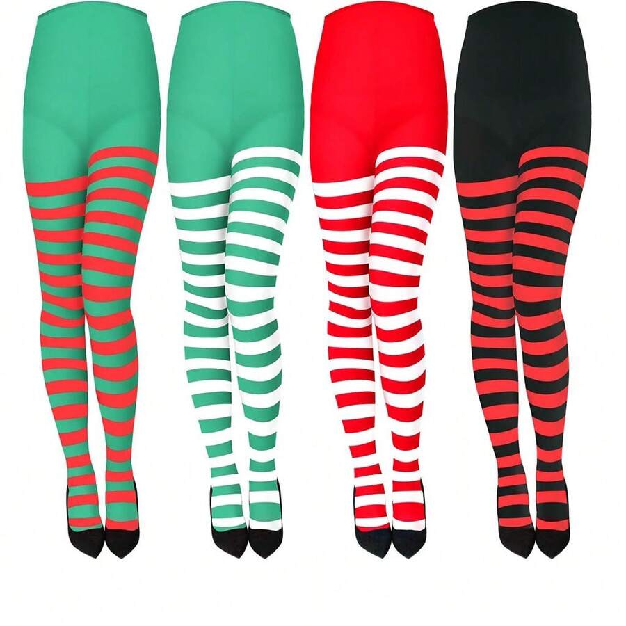 1 件节日装饰蝴蝶结条纹圣诞绒球过膝袜，女士长袜，适合表演、服装、圣诞派对万圣节