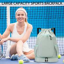 1 件带羽毛球网球拍口袋的抽绳背包，大容量便携式球拍携带包，用于匹克球，干湿分离游泳瑜伽健身包，带鞋隔层，耐磨多口袋运动包，防水行李袋，返校多功能手提包，适用于女性和男性户外足球篮球旅行徒步旅行骑自行车健身单肩包