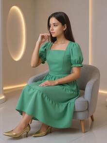 Lizo Long Ruffled Youth Dress Short Sleeve Girls 8 To 12 Years Baby Blue, Pink, Green, Beige, Black - 綠色 - 查看 3