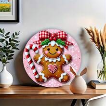 1pc Round Metal Sign Displaying A Pink And Red Gingerbread Christmas Wreath, Suitable For Home, Bar Or Cafe Decor Home Decor Christmas Decorations Room Decor