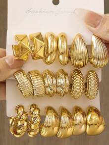 复古时尚夸张C型泪滴耳环套装个性耳环金色CCB卡耳环女士 - 金色 - 查看 8