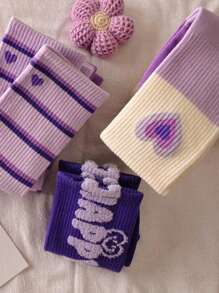 5 pares de calcetines de media caña de colores aleatorios para mujer, calcetines largos tipo tubo con estampado lindo de osos y letras, adecuados para uso diario en primavera y otoño - Multicolor - Ver 4