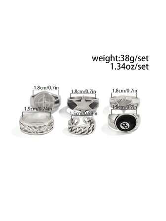 6 st moderiktiga stjärnringar i punkstil, vardagskläder för män