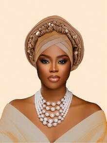 1件重工镶钻多层非洲尼日利亚婚礼头巾，适合婚礼、母亲节礼物、睡帽 - 彩色 - 查看 18