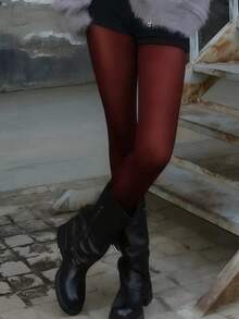 1双加大码女士超柔软纯色半透明连裤袜，尼龙高腰长袜 - 酒紅色 - 查看 5