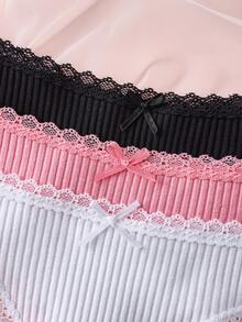 3 件装女士纯色高端蕾丝拼布丁字裤，可爱蝴蝶结设计，无缝弹力柔软舒适内衣 - 彩色 - 查看 7