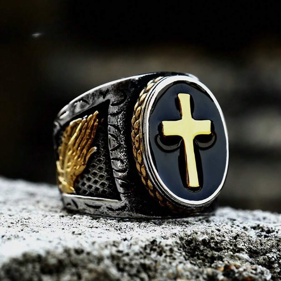 1pc Stainless Steel Cast Praying Hand Ring, 1pc Titanium Steel Cross Resin Filled Ring