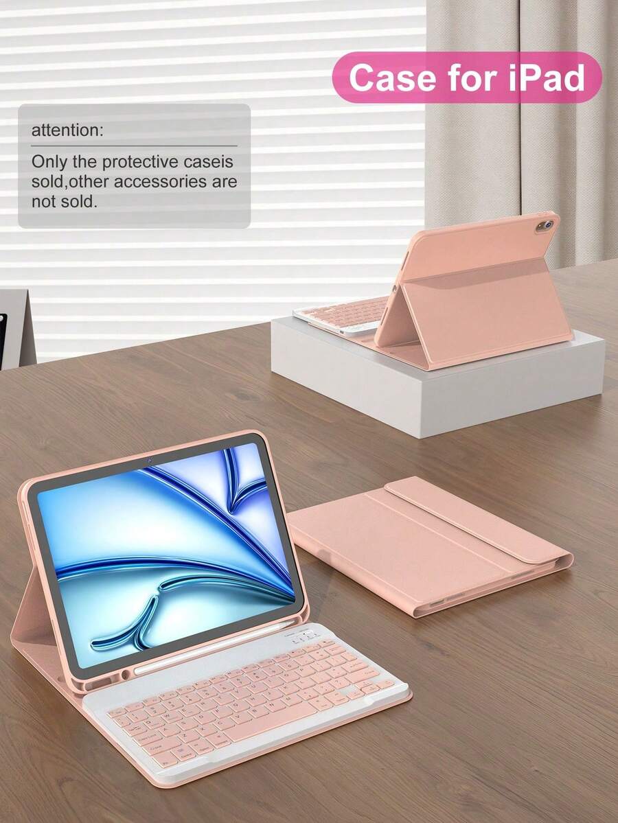 适用于 iPad A16（第 11/10 代）、第 9/8/7 代（10.2 英寸）、iPad Air（10.9/11 英寸）的键盘保护套，采用 TPU 翻盖 PMMA PU 皮革材质，包含无线蓝牙键盘（150mAh 电池）和支架，粉色