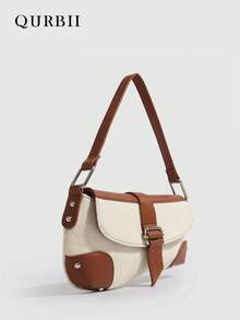 QURBII 1pc Fashionable Fabric & Faux Leather Patchwork Design Baguette Underarm Bag, Versatile Chic Shoulder Bag Handbag, Rivet Accent Shoulder Bag, Phone Pouch Small Bag, Suitable For Women Office, Commute, Date, Shopping, Casual, Vacation, Beach, Music Festival, Party, Wedding, School