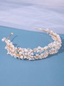 1pc Pearl Double Headband With Crown Decor Elegant And Romantic Hair Accessory For Wedding Banquet Performance Tiaras Valentine's Day Accessories - Gold - View 6