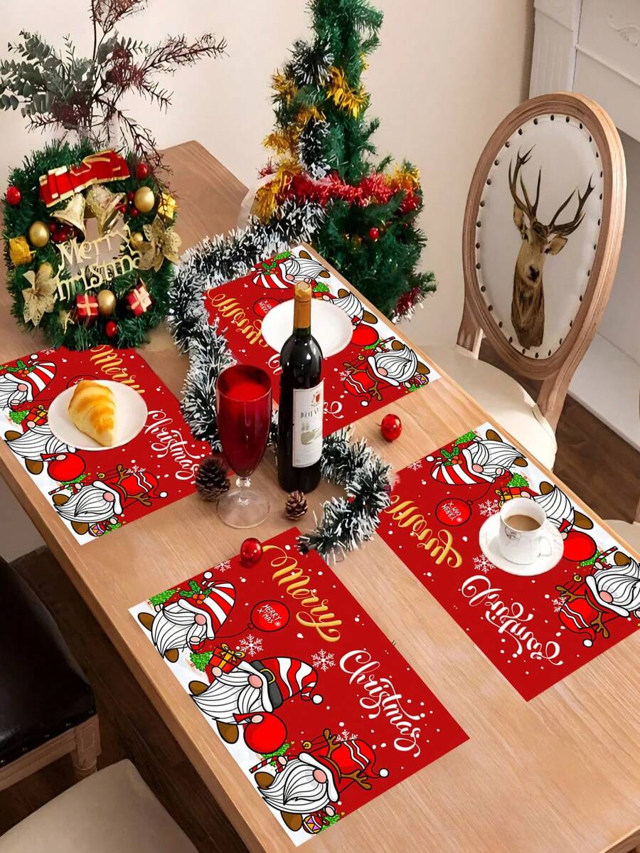 4 piezas/6 piezas/1200 piezas Mantel individual de 30x45cm de poliéster con tema navideño, imagen linda de gnomo navideño con copos de nieve, elementos de regalo, texto "Feliz Navidad", adecuado para mesas navideñas, fiestas y decoración del hogar - Multicolor - Ver 1