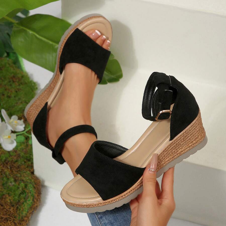 Womens Open Toe Ankle Strap Wedge Sandals Heels Dressy Summer Platform Comfortable - màu đen - Xem 1