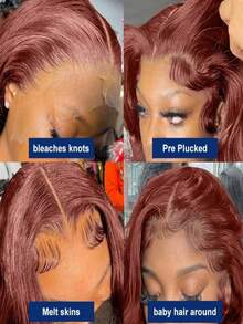 Reddish Brown Body Wave Lace Front Wigs Human Hair 200 Density 13x4 HD Transparent Lace Frontal Wigs For Women Pre Plucked Bye Bye Knots Water Wave Human Hair Wig With Baby Hair 40inch - 棕色 - 查看 4