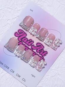 手工鸭嘴形指甲贴，Y2K 坏蛋风格，裸色和棕色指甲板，法式指甲贴，金色蝴蝶，手工刺绣，珍珠，水钻，白色花朵，金色亮片，心形图案，10 件/包，3 种尺寸可选，适合派对、舞会、日常佩戴，包含工具包，是送给女士和女孩的绝佳礼物，按压式指甲，美甲用品，美甲 - 白色 - 查看 2