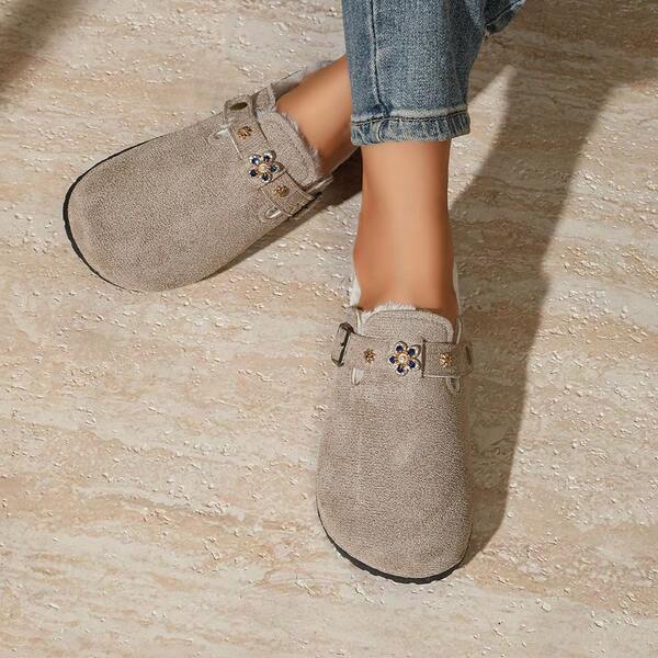 Pantuflas cómodas y antideslizantes con flores de cristal para mujer, para interiores y exteriores, con forro térmico y diseño de fácil deslizamiento