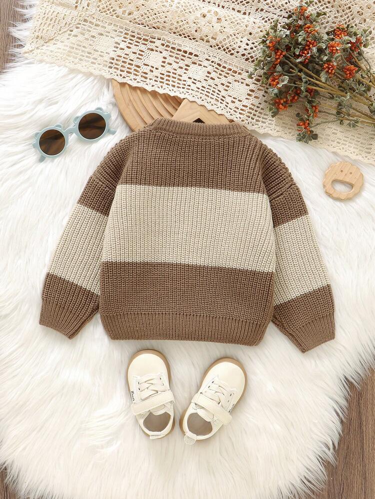 Toddler Colorblock Crew Neck Long Sleeve Casual Pullover Sweater, Classic Fashion Kids Tops - Khaki - View 3