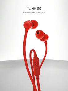 JBL Tune 110 入耳式有线耳机带麦克风，防缠绕带状线缆，纯低音，立体声，适合电脑游戏和运动，3.5 毫米插孔免提兼容耳机 - 紅色 - 查看 2