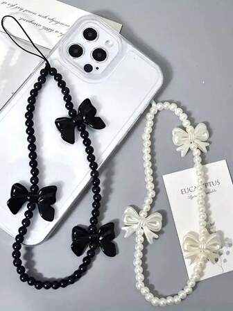1pc Black Minimalist Handmade Beaded Bow Baroque Wrist Strap, Suitable For Phone/Camera