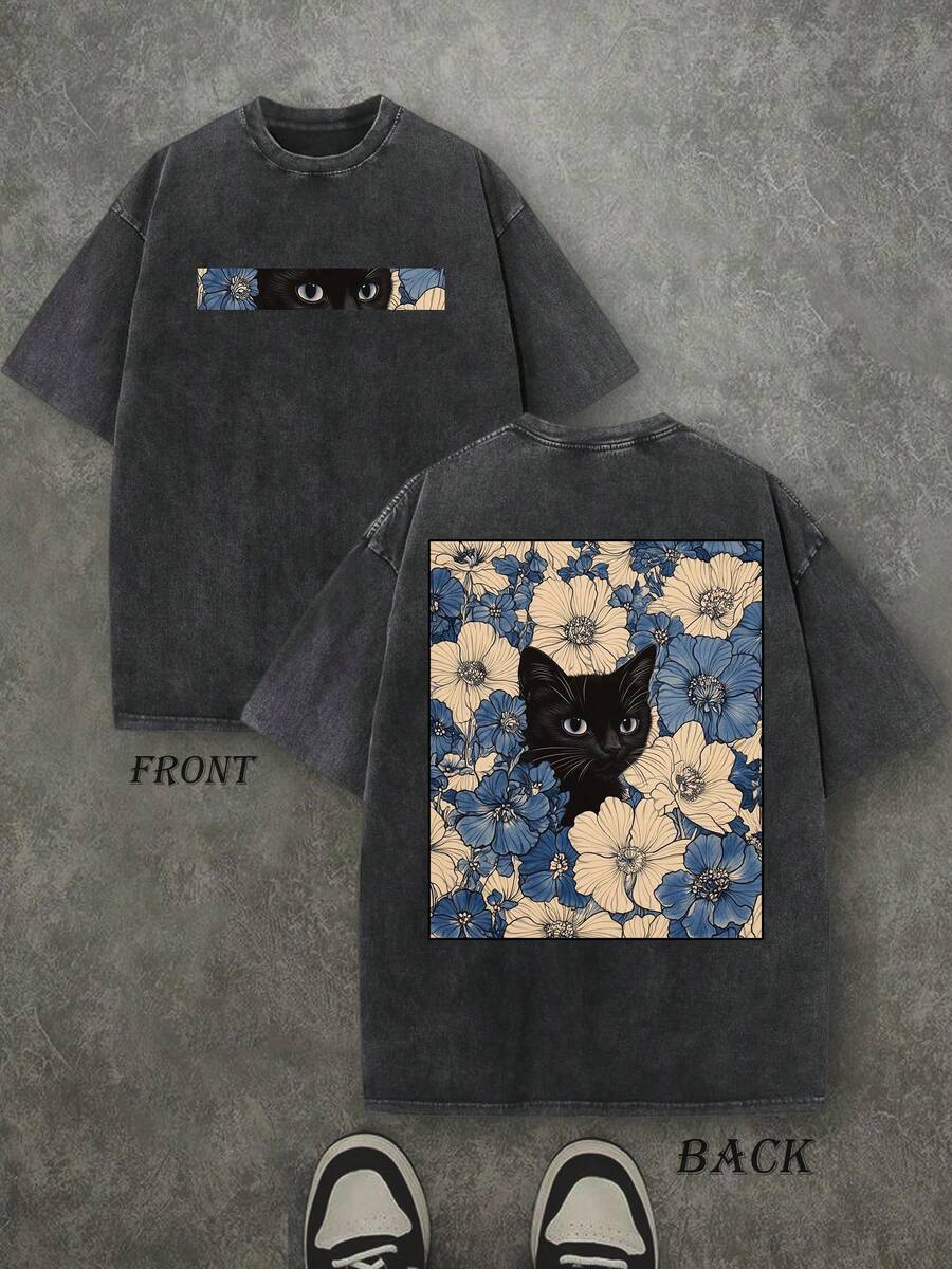 Retro Washed T-Shirt Double Sided Printed (230 Pure Cotton T-Shirt) 'Cat In The Flowers'  Cat And Flowers Pattern Print, Mens TShirt, Mens Shirt Casual, Comfortable, Fashionable T-Shirt, Street Style Cotton - 黑色 - 查看 1