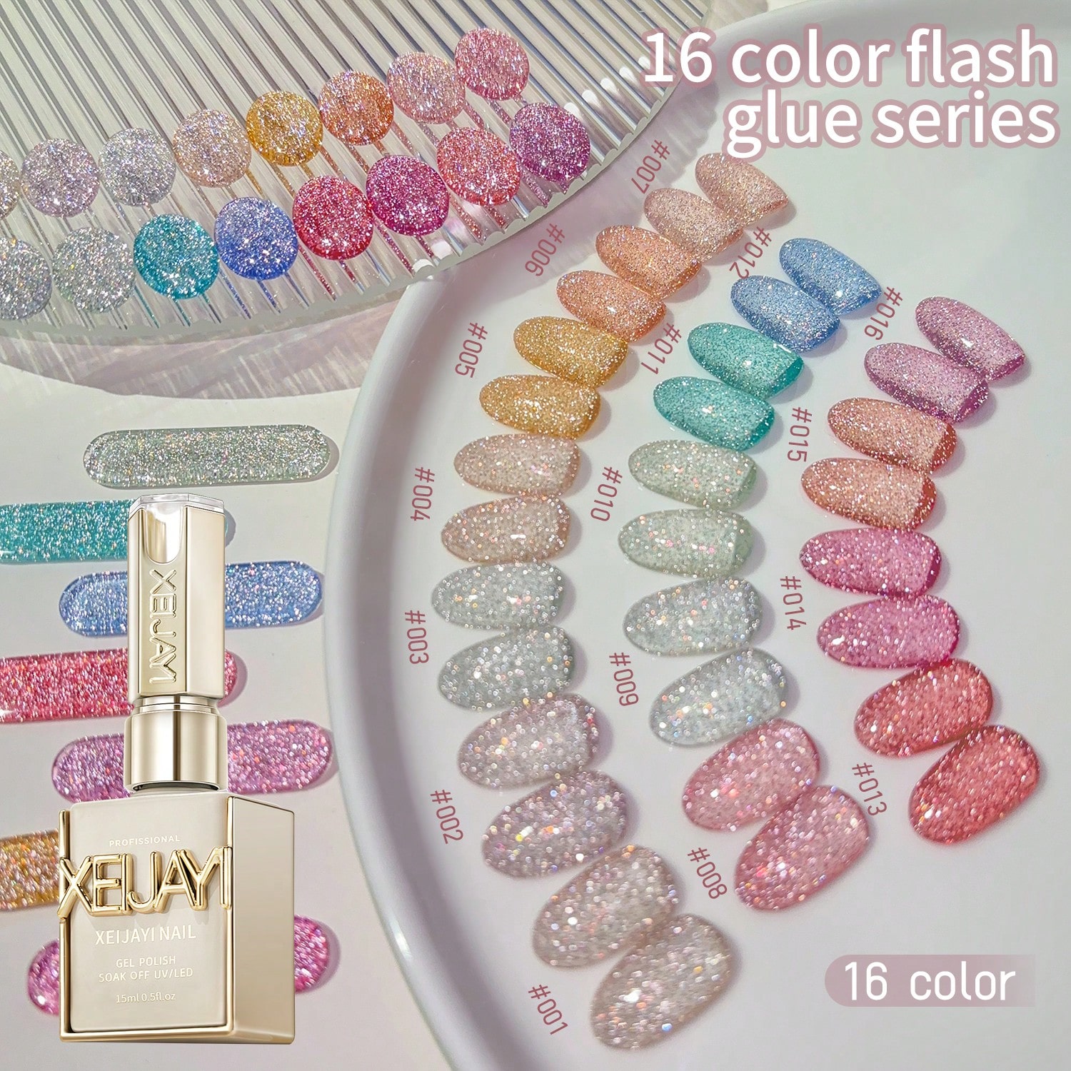 Esmalte de uñas de gel de 16 colores de 15ml con brillo de diamante, para remojo, UV LED, herramientas de arte de uñas de salón, uñas femeninas de