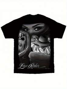 Men's Graphic-Shirt - Vintage Lowrider Car & Woman Portrait - David Gonzales Artist DGA Signature - Heavyweight Black Tee - Mexican-American Cultural Apparel - Streetwear Essentials - Washable Adult Casual Shirt, Everyday Comfort, Artistic Print, Bold Graphics, Urban Style, Quality Stitching, Printed Shirt, Art Lovers - màu đen - Xem 2