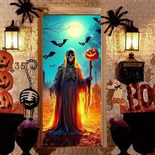 2D Large Reusable Gothic Grim Reaper Door Decor - Scary Halloween Skeleton With Glowing Eyes, Bats And Full Moon Background - Durable Polyester/Nylon Fabric Haunted House Decoration For Porch, Party And Year-Round Use - No Electricity Needed, Easy Installation