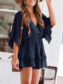 Saodimallsu Womens Ruffle Layered V Neck Beach Romper Drawstring Waisted Shorts Jumpsuit - Navy Blue - View 1